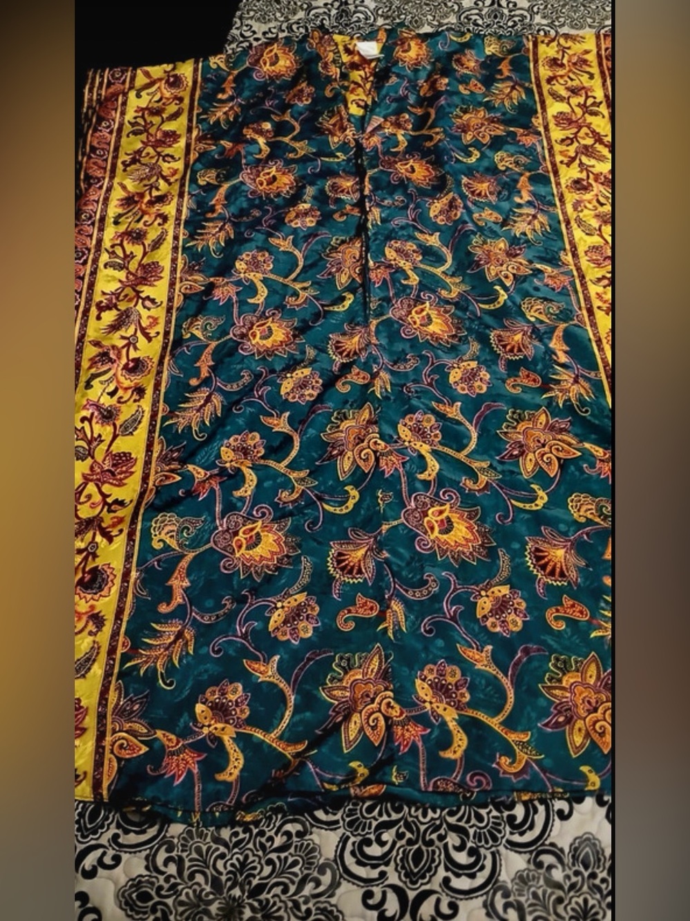 Vintage Batik Floral Print Kaftan Maxi Dress Teal Gold Loungewear Mumu
